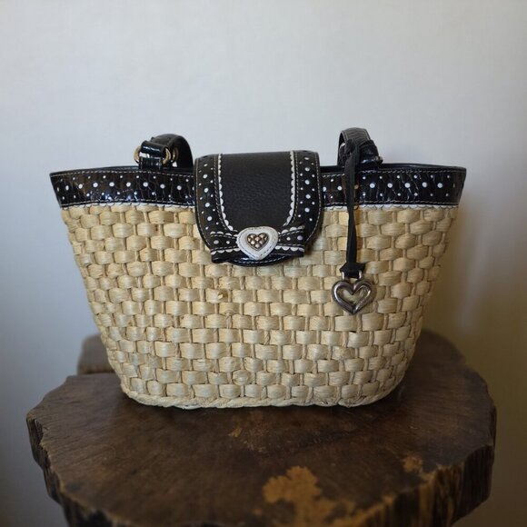 Brighton Straw & Black Leather Woven Tote Bag Heart Charm Polka Dot Trim Purse - Picture 12 of 16
